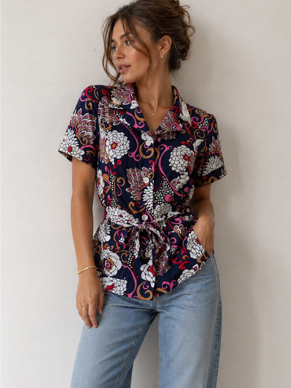 Vintage Floral Button Front Blouse Tie Waist Navy Pink Boho Shirt S/M